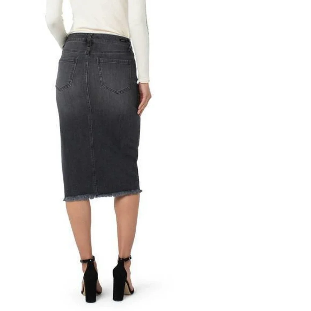 NWT Liverpool High Rise Denim Skirt W/ Slit Frayed Hem 29" Black Midi Size 14 - Picture 4 of 7